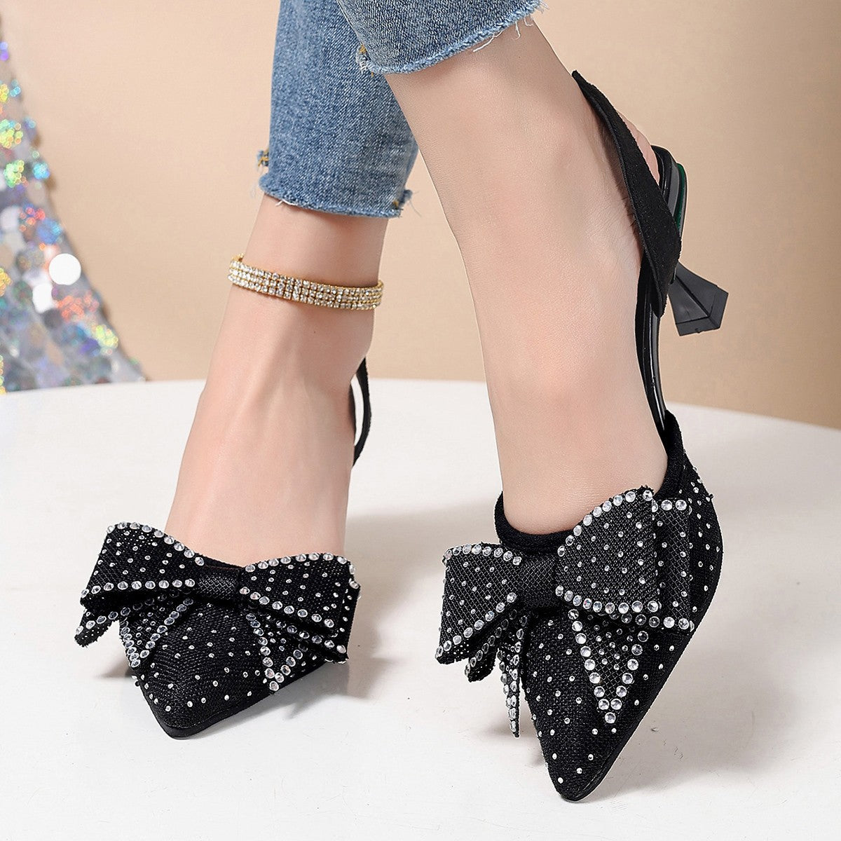 Rhinestone Bowknot Slingback Pumps - Lilixa.store