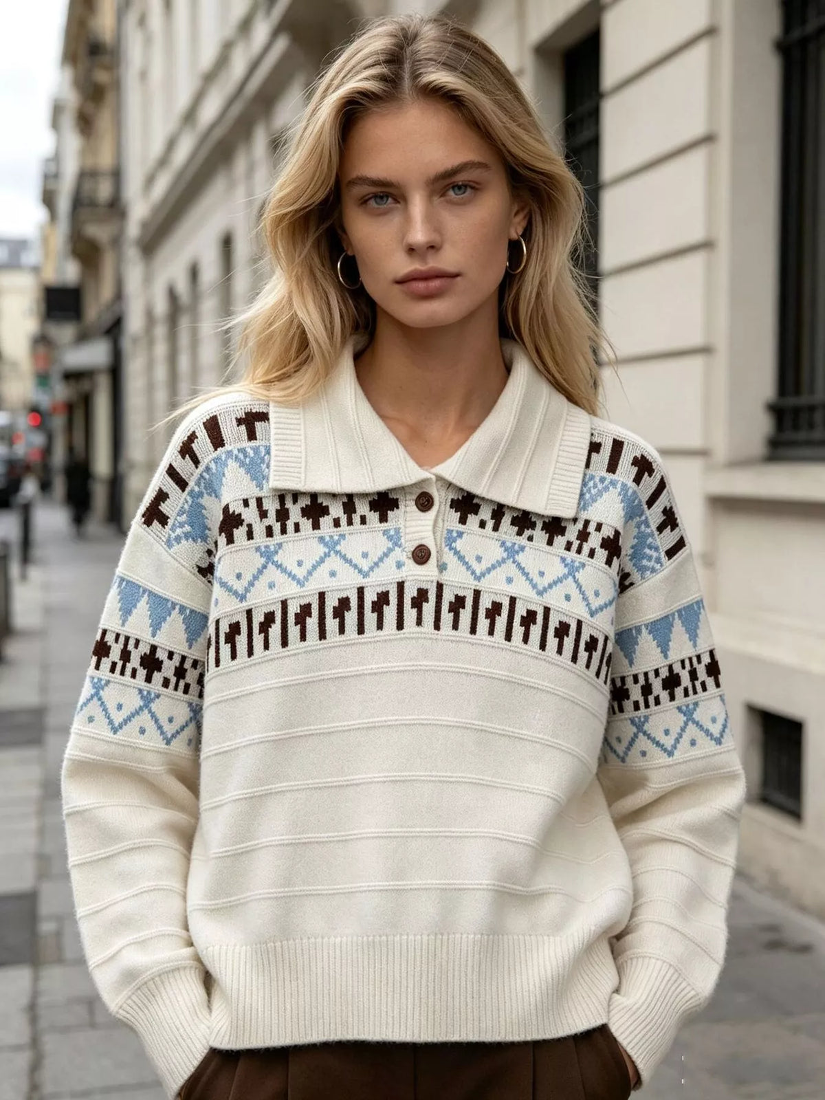 Vintage-Inspired Fair Isle Patterned Polo Sweater in White