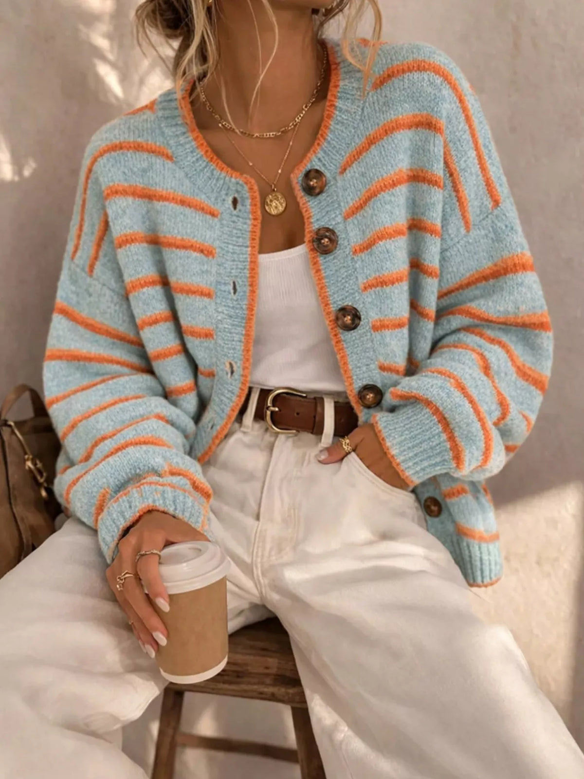 Striped Button-Down Knit Cardigan - Lilixa.store