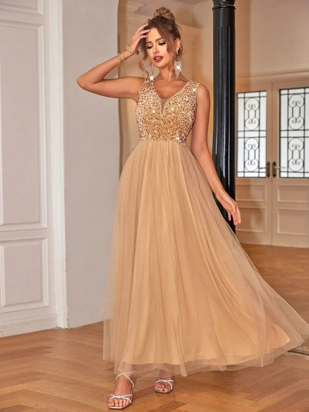 Sequin V-Neck Sleeveless Dress - Lilixa.store