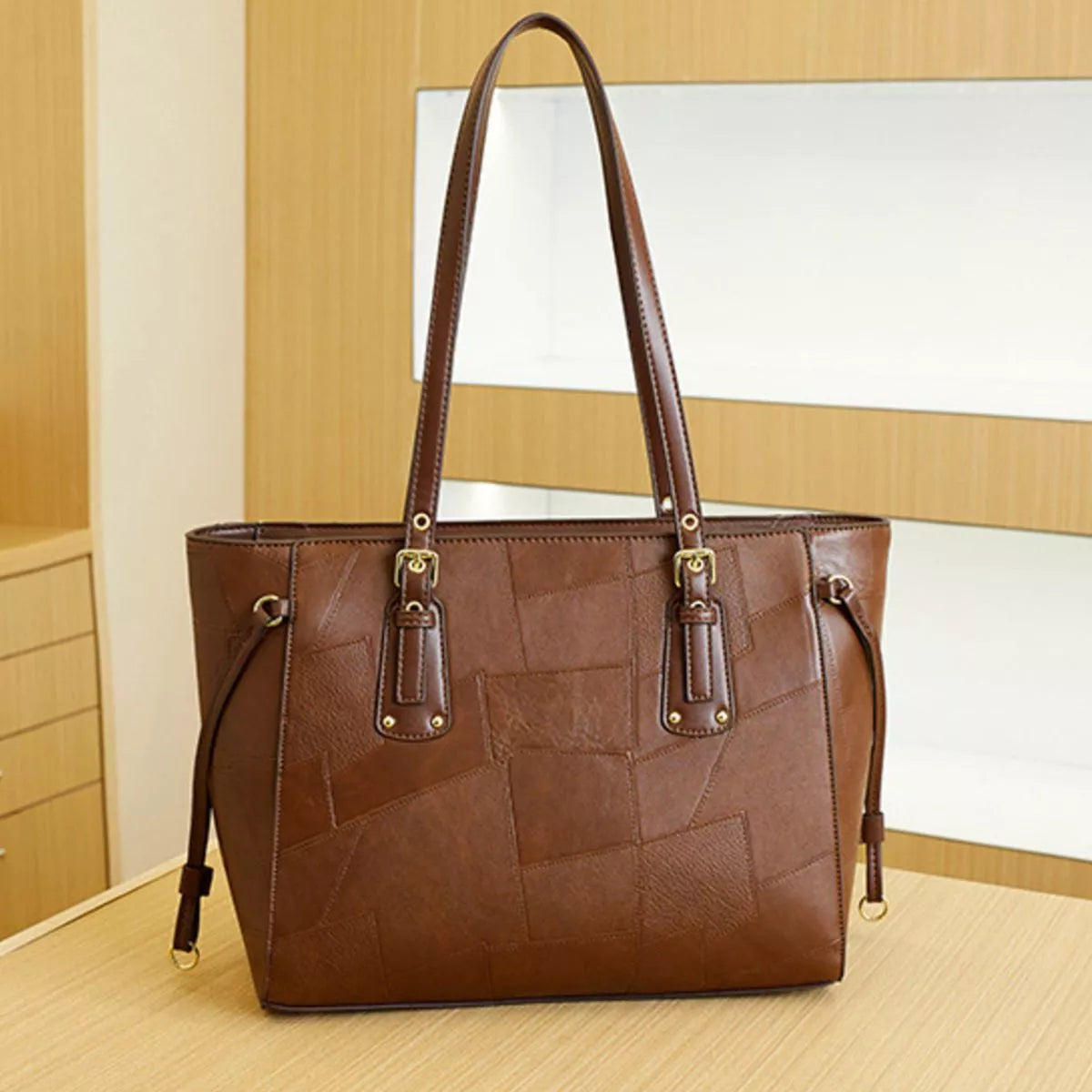 Patchwork Leather Tote Bag with Gold Logo Charm in Brown, view 3