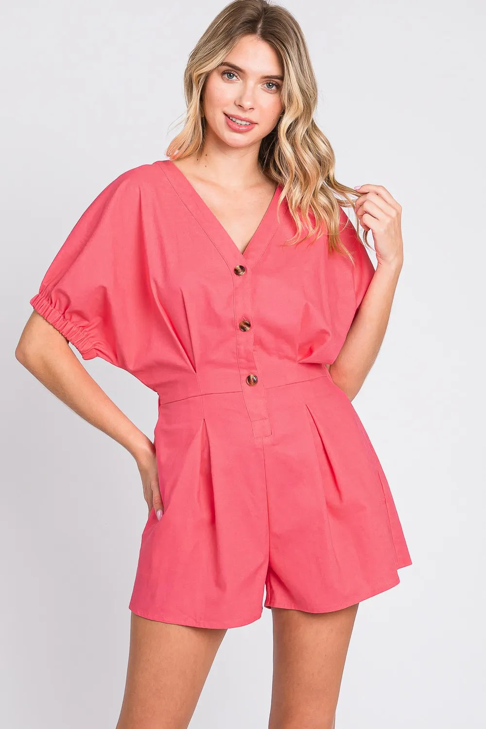 GeeGee Half Button V-Neck Linen Romper - Lilixa.store