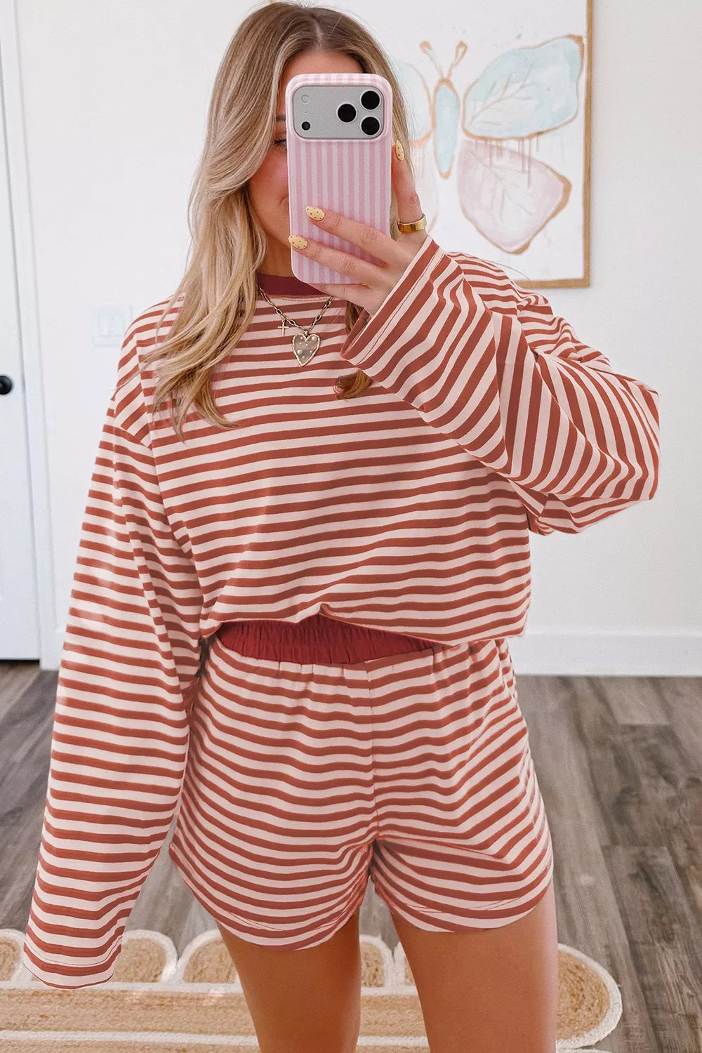 Stripe Relaxed Long Sleeve Top Contrast Elastic Waistband Short Set - Lilixa.store