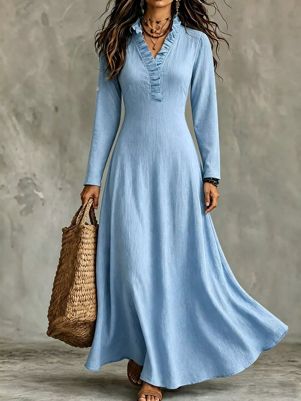 Full Size V-Neck Maxi Dress with Roll-Up Sleeves Plus Size - Lilixa.store