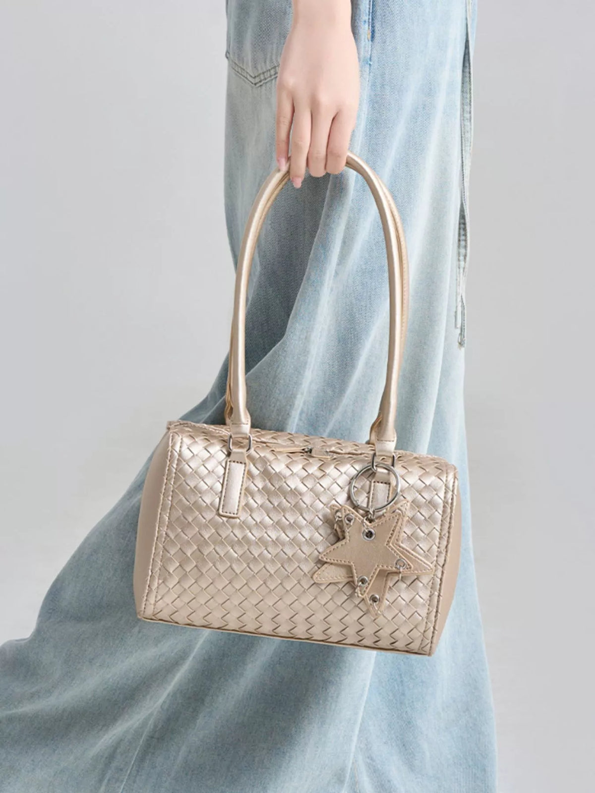Metallic Woven Texture Shoulder Bag with Star Charm in Champagne, view 3