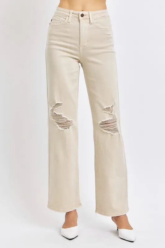 Judy Blue Full Size High Waist Distressed Wide Leg Jeans - Lilixa.store