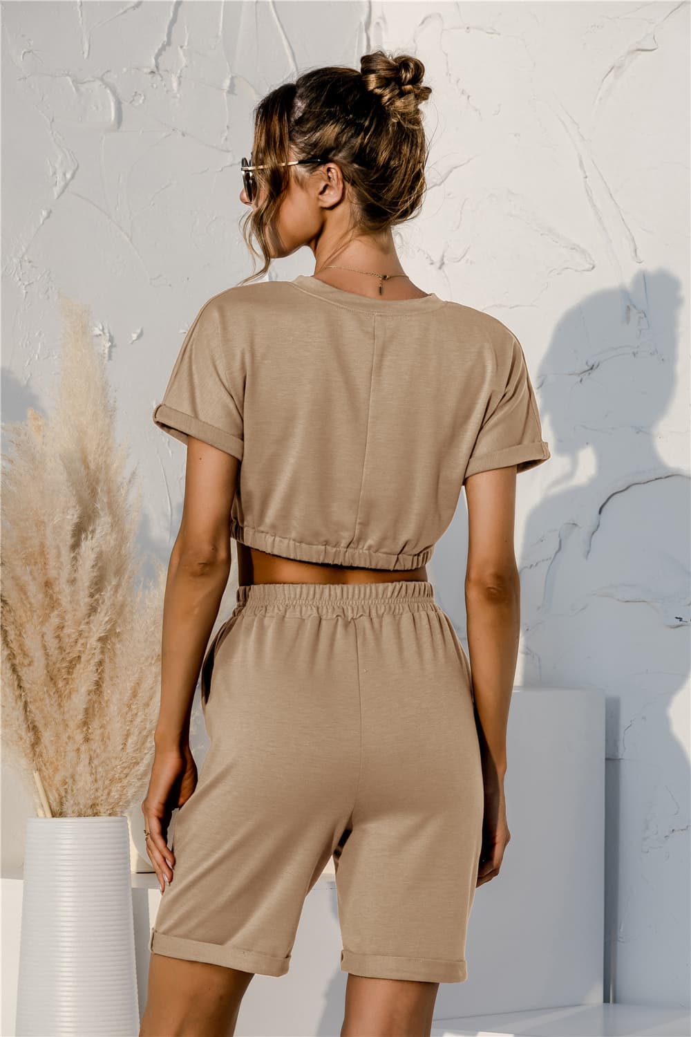Short Sleeve Cropped Top and Drawstring Shorts Lounge Set - Lilixa.store