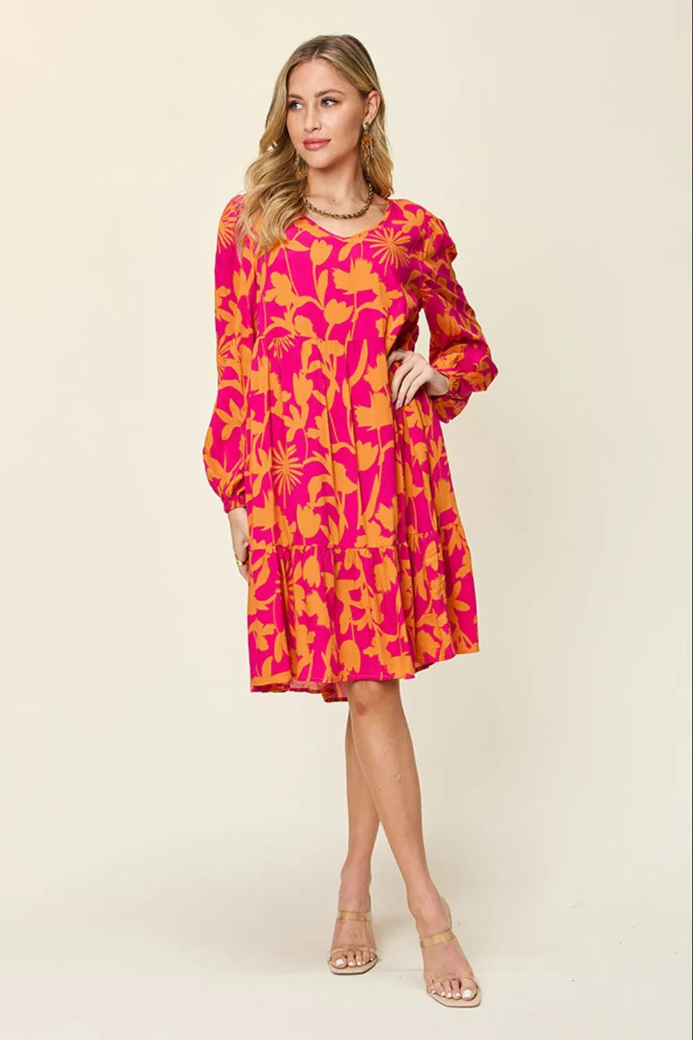 Double Take Full Size Printed Ruffle Hem Dress with Pocket - Lilixa.store