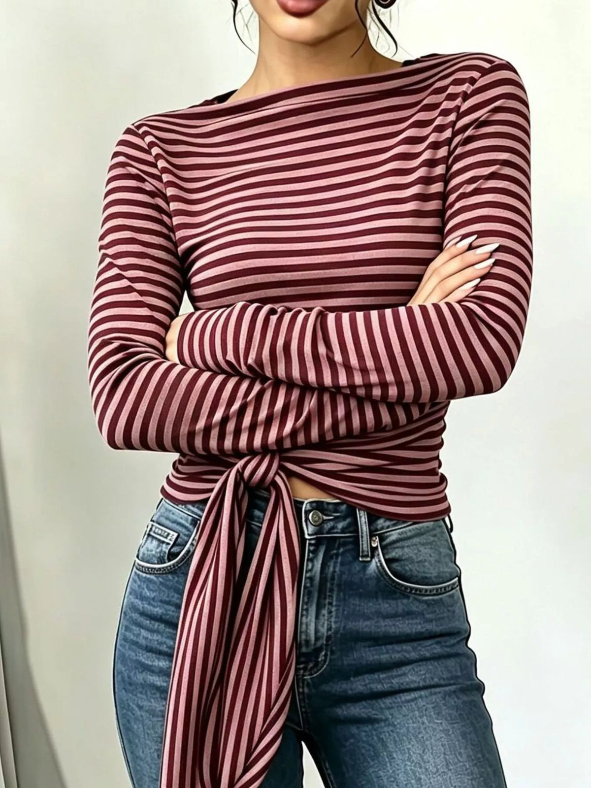 Long Sleeve Striped T-Shirt with Front Tie Detail - Lilixa.store