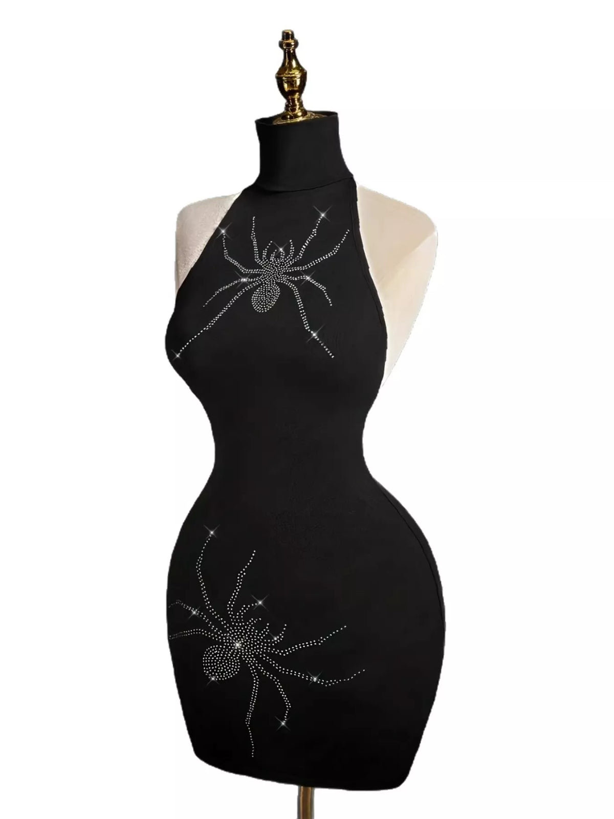 Rhinestone Spider Halter Neck Bodycon Dress - Lilixa.store