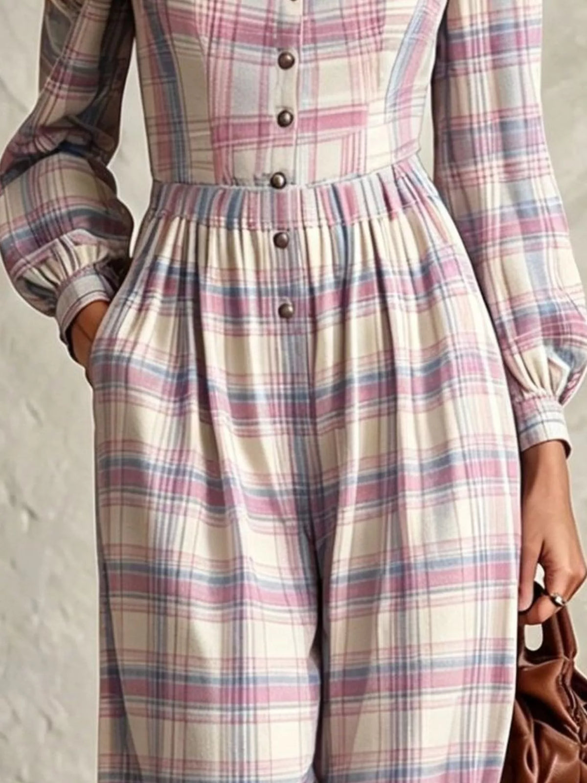 Plaid Square Neck Long Sleeve Wide Leg Jumpsuit
