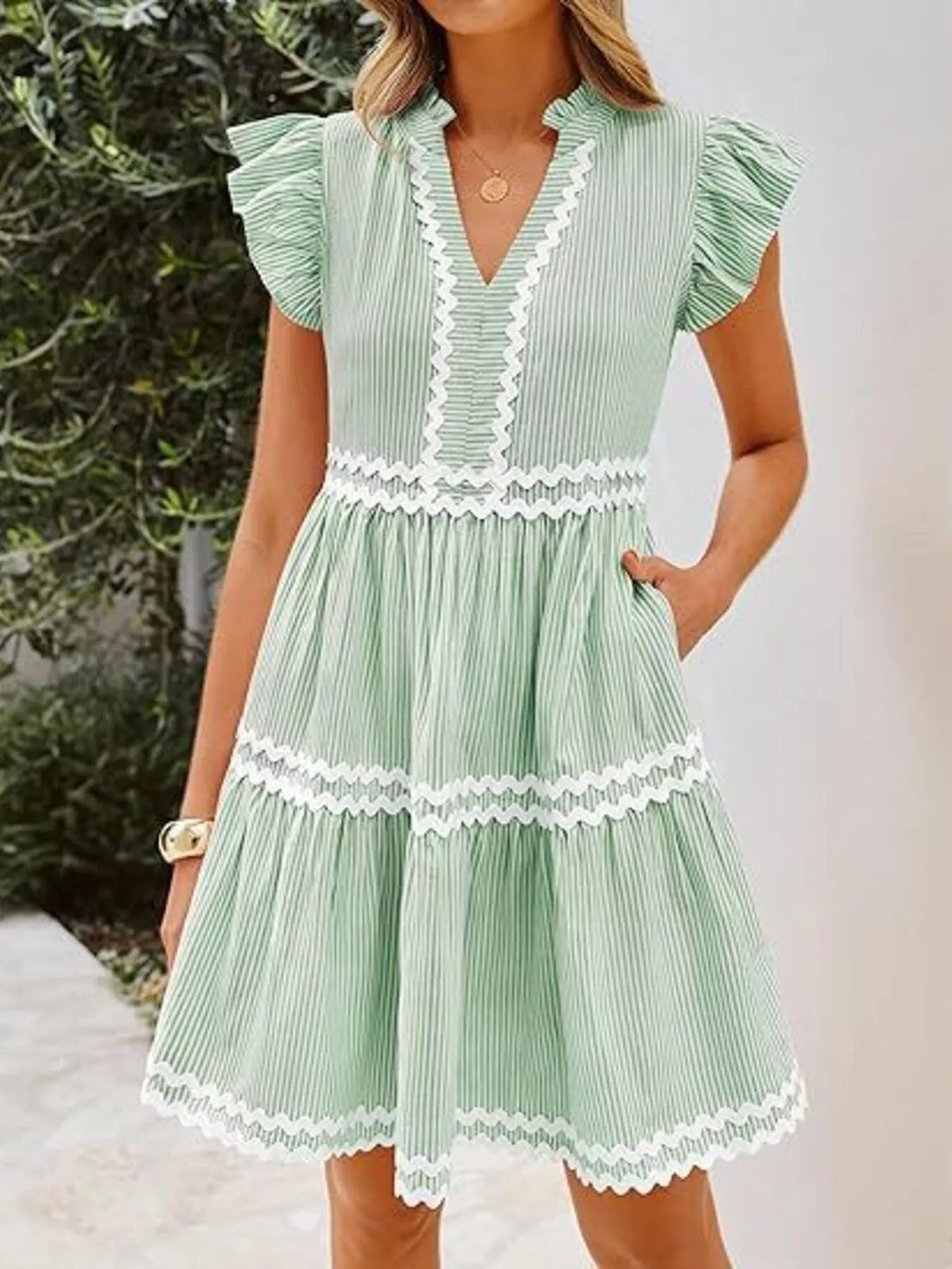 Striped Ruffle Sleeve Tiered Dress in Gum Leaf