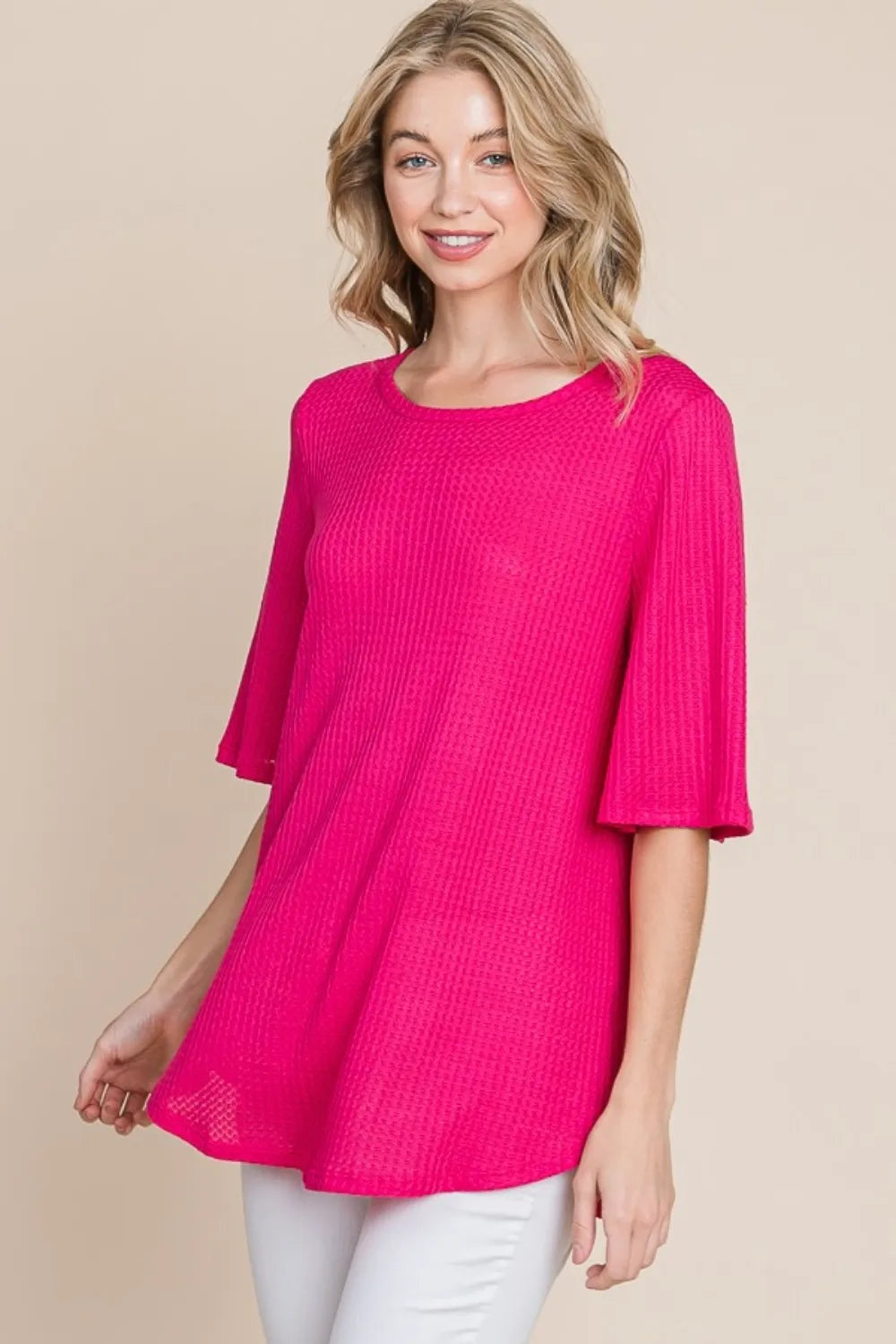 BOMBOM Round Neck Waffle Knit T-Shirt - Lilixa.store