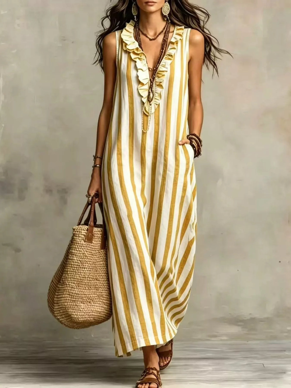 Full Size Sleeveless Striped Ruffle V-Neck Maxi Dress Plus Size - Lilixa.store