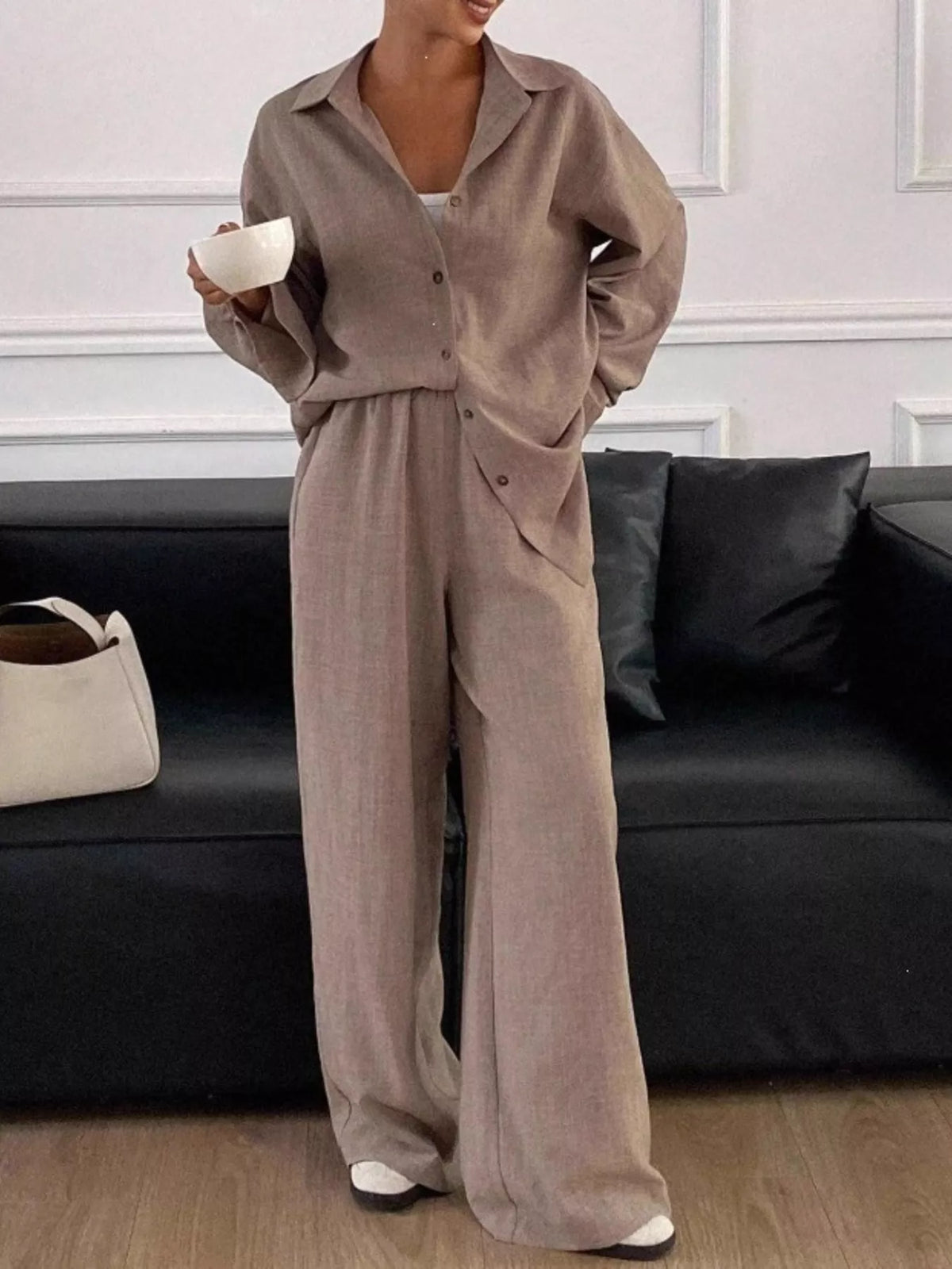 Button-Down Shirt and Wide-Leg Pants Set, view 17