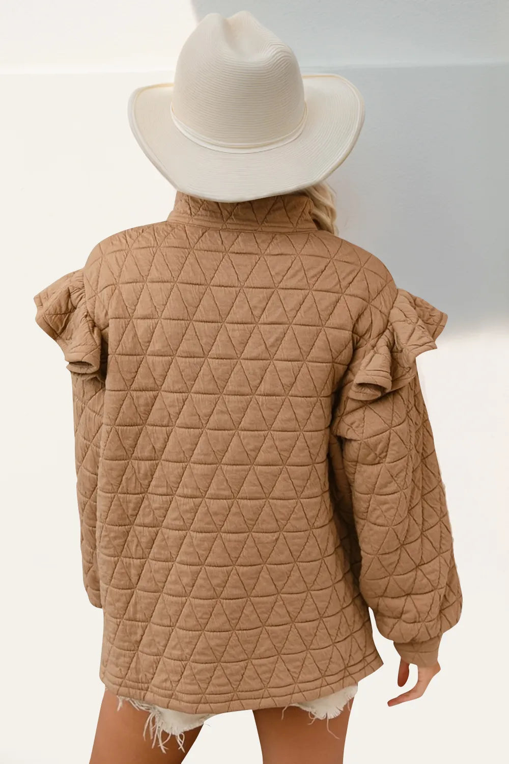 Double Take Ruffled Texture Half Zip Long Sleeve Sweatshirt in Tan, view 2