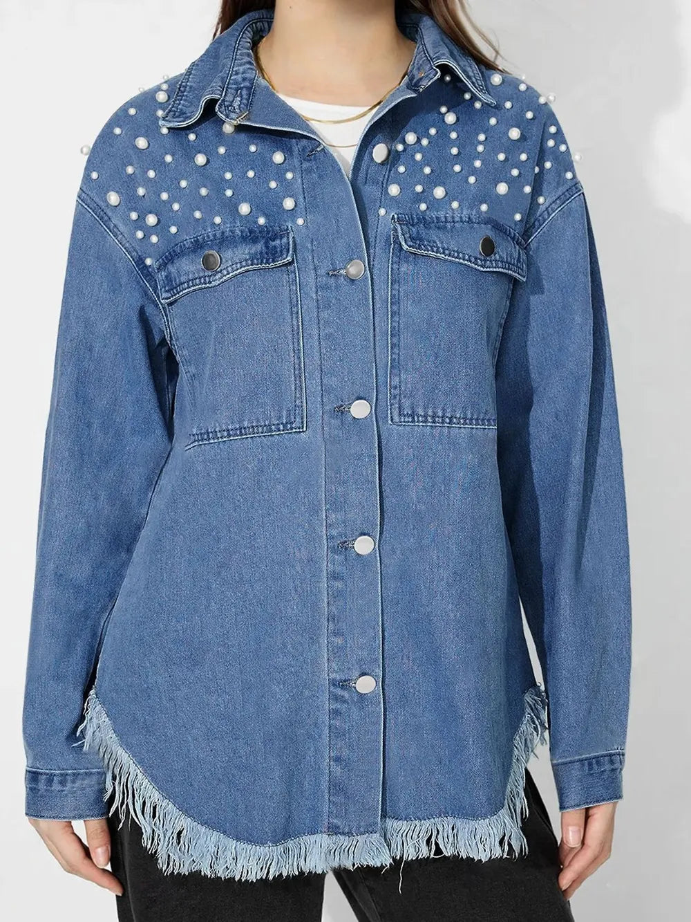 Raw Hem Pearl Trim Collared Neck Denim Top - Lilixa.store