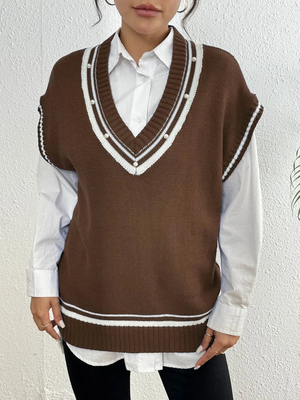 Pearl Trim Contrast V-Neck Sweater Vest, view 2