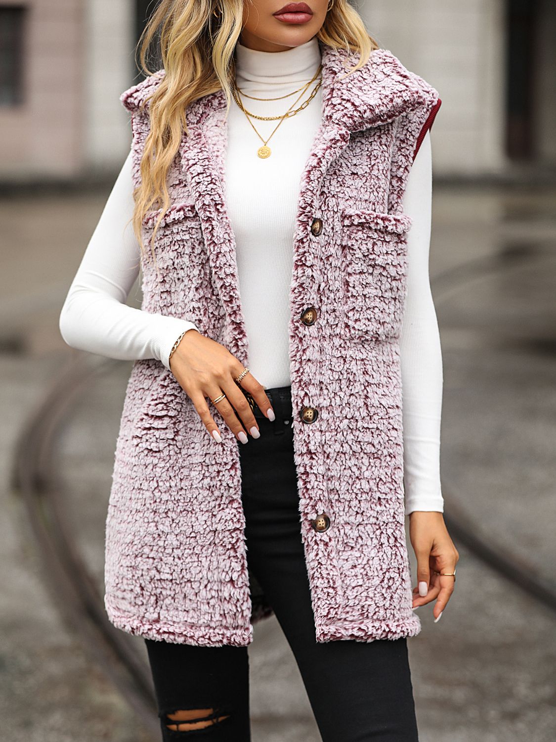 Full Size Button Down Collared Neck Vest in Dusty Pink