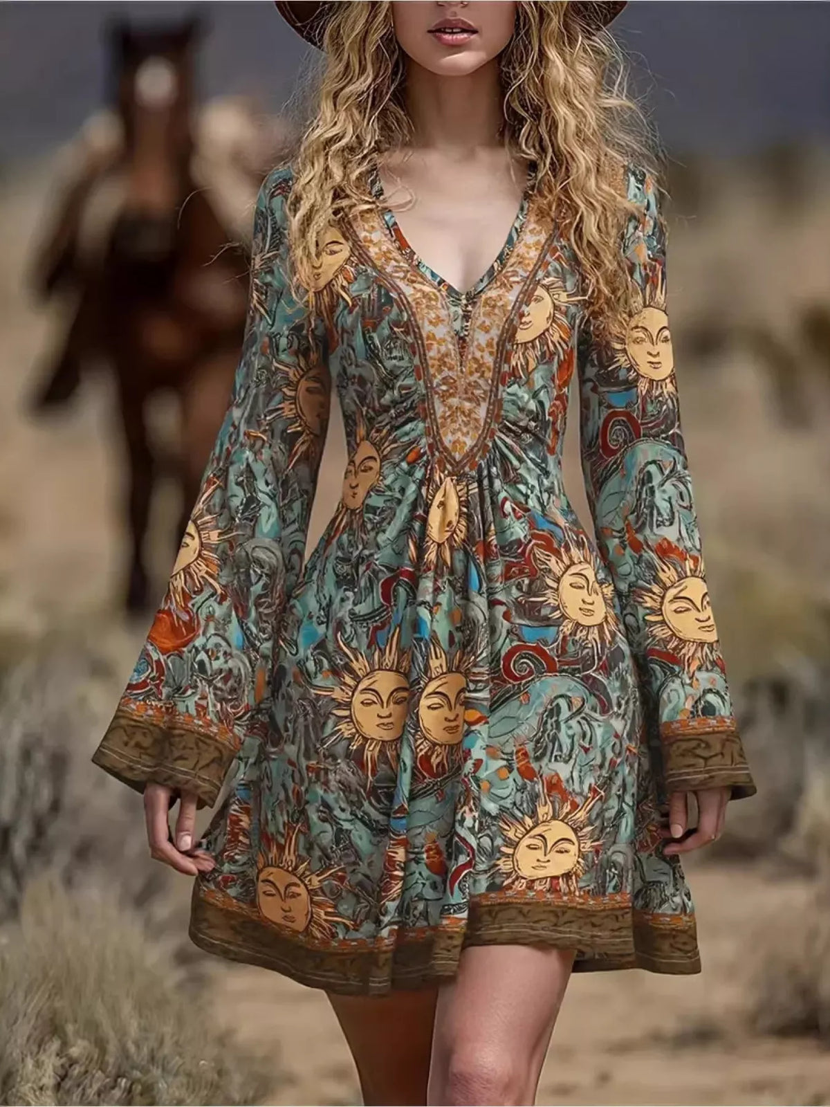 Printed V-Neck Flare Sleeve Dress