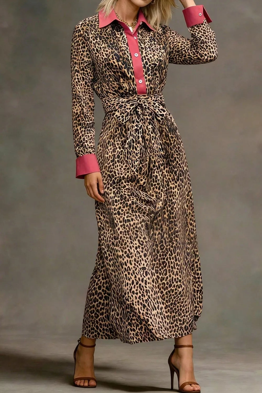 Leopard Print Belted Maxi Shirt Dress - Lilixa.store