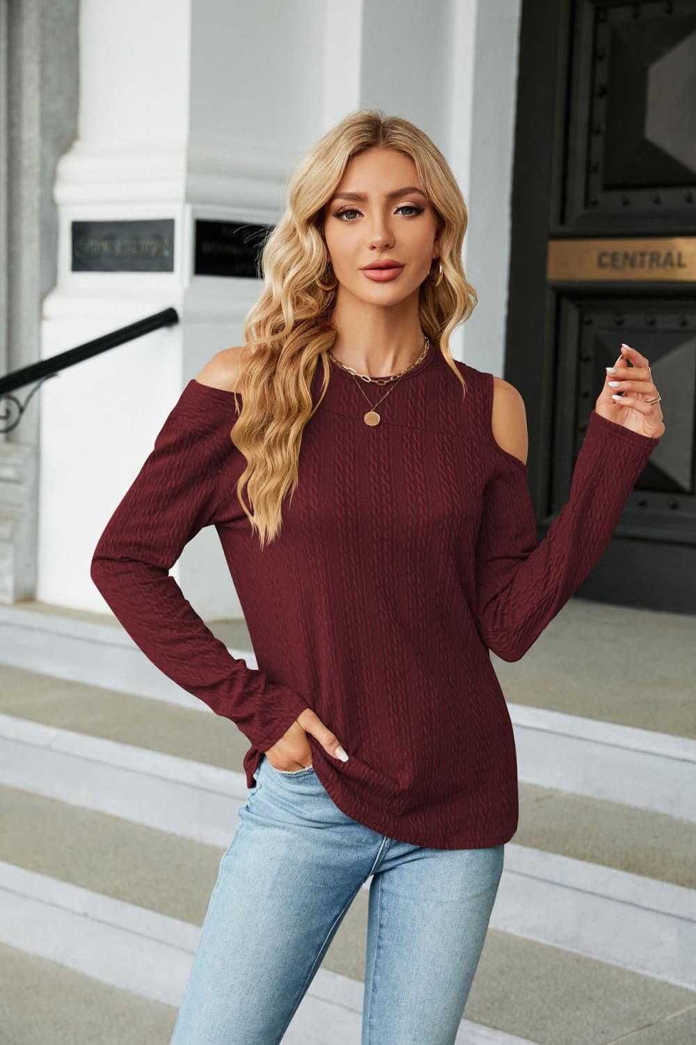 Dropped Shoulder Long Sleeve Blouse in Wine