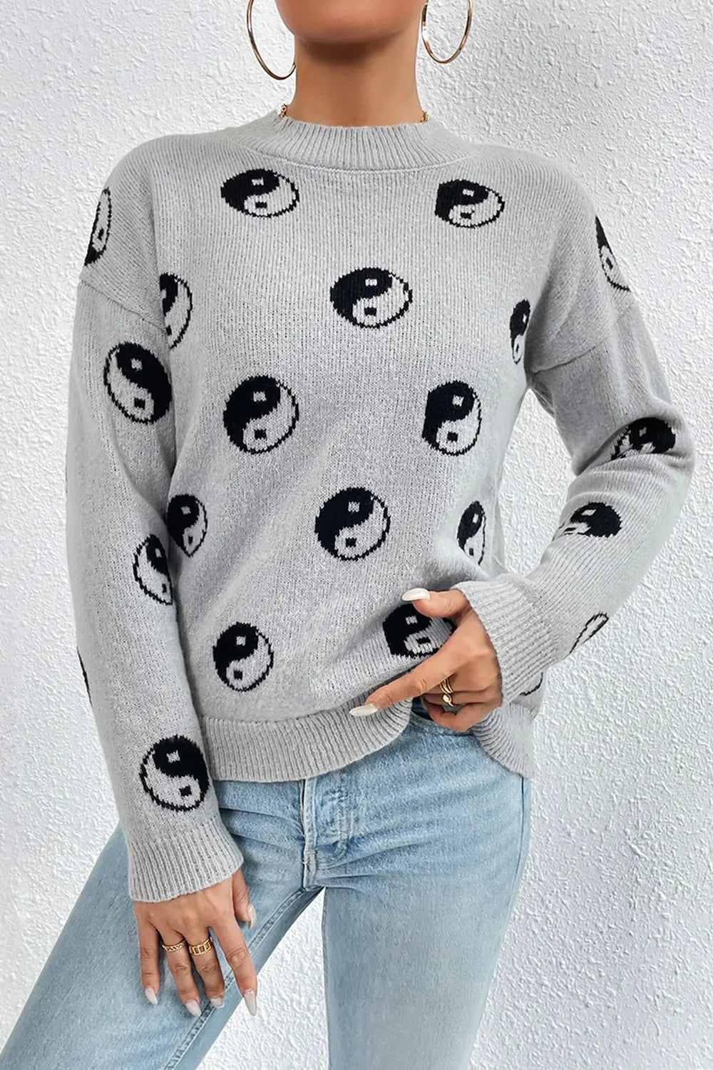 Graphic Mock Neck Dropped Shoulder Sweater - Lilixa.store