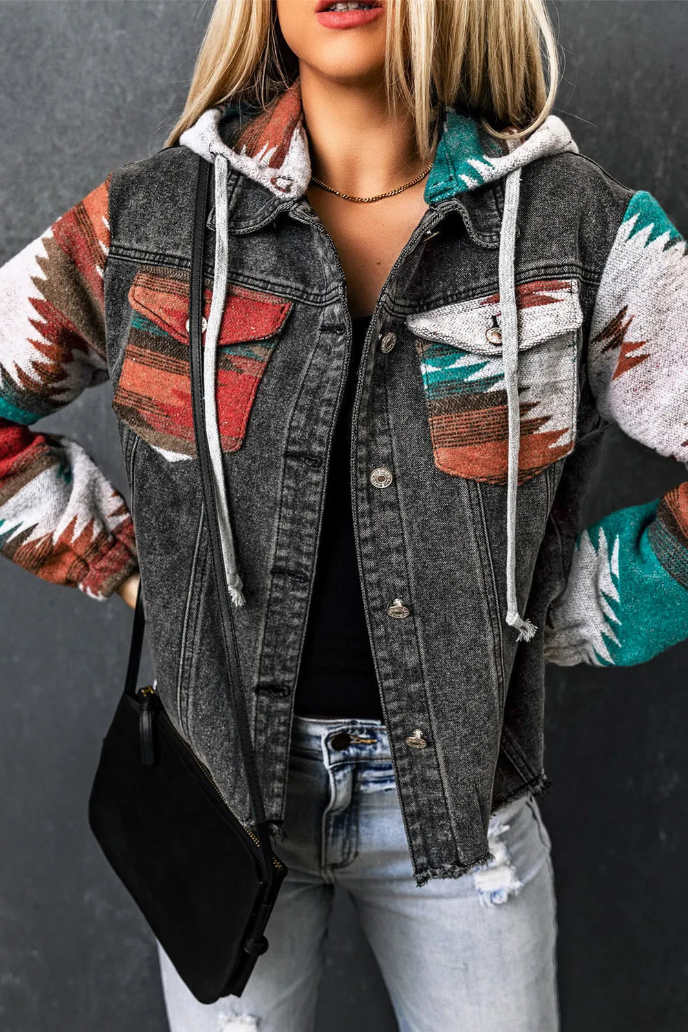 Drawstring Hooded Pocketed Denim Jacket, view 3
