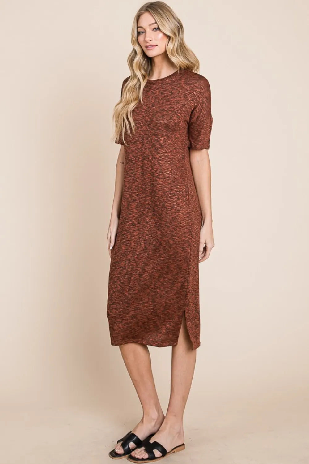 BOMBOM Round Neck Side Slit Midi Dress - Lilixa.store