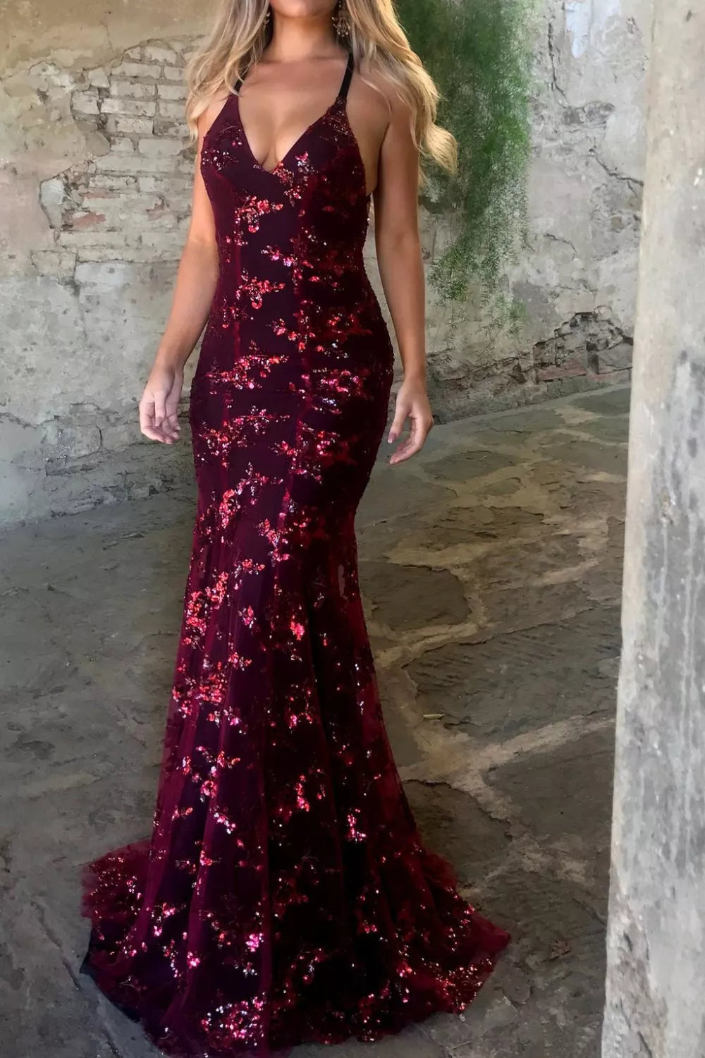 Full Size Sequin Tie Back V-Neck Maxi Dress Plus Size - Lilixa.store