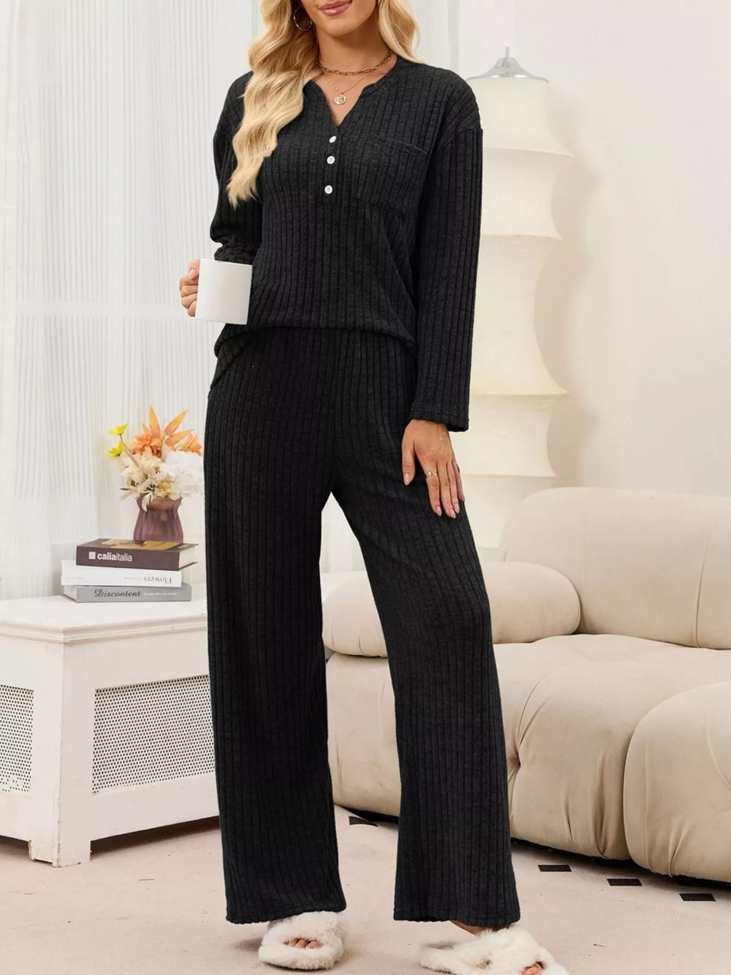 Ribbed Knit Top and Wide-Leg Pants Set - Lilixa.store