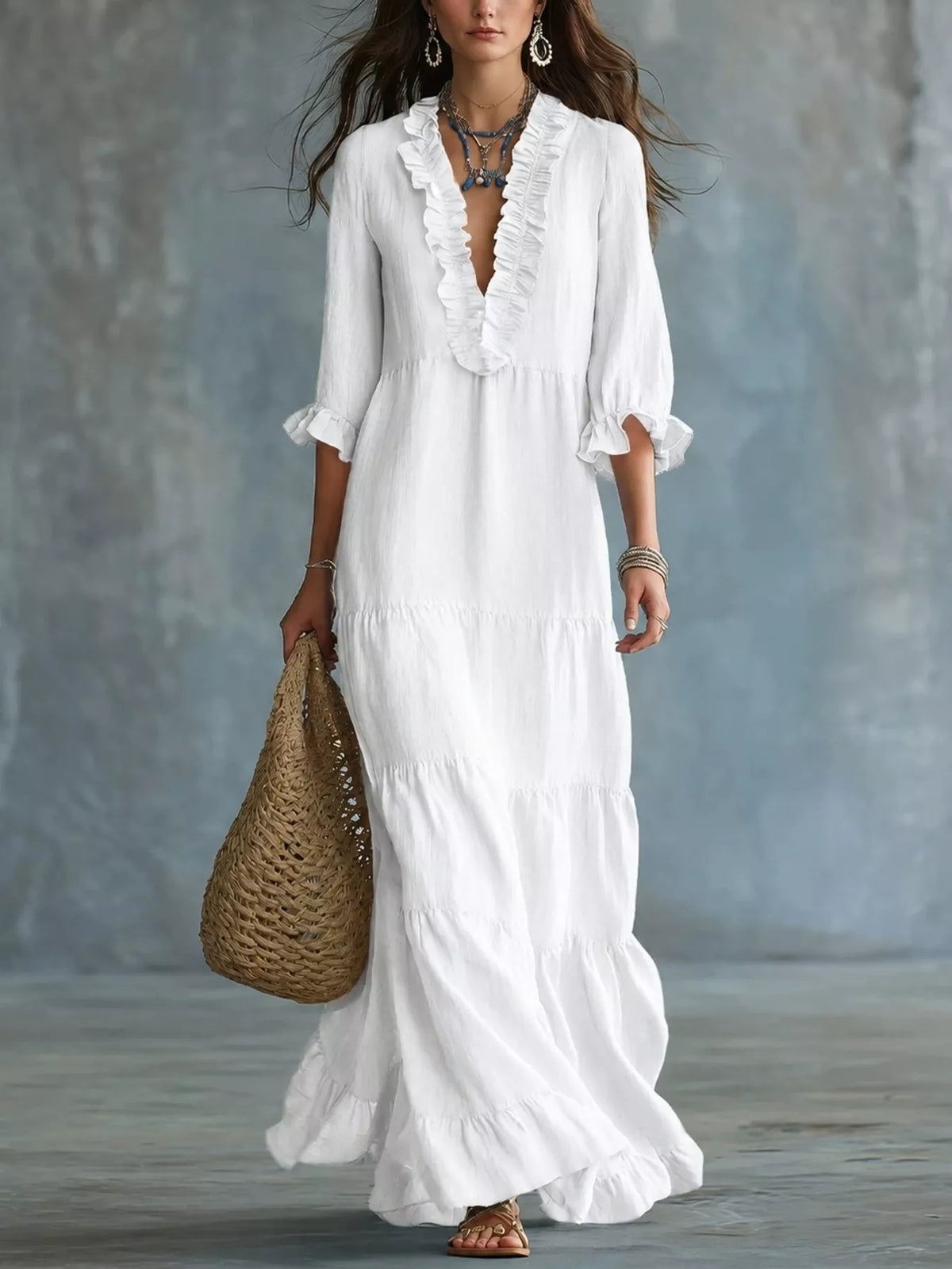Ruffled V-Neck Tiered Maxi Dress
