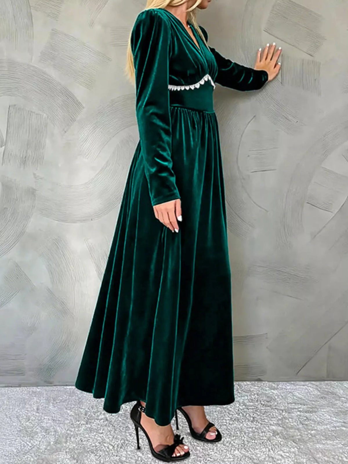 Velvet V-Neck Long Sleeve Maxi Dress in Green, view 5