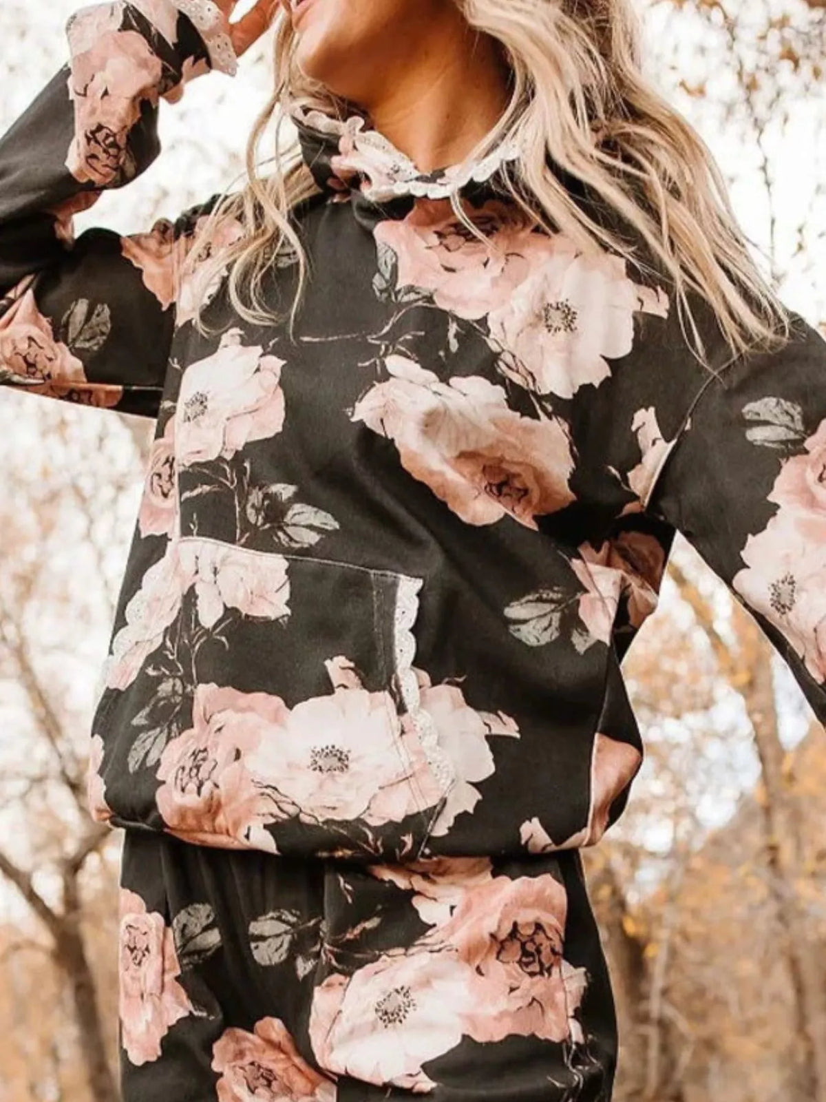 Lace Trim Kangaroo Pocket Hoodie - Lilixa.store