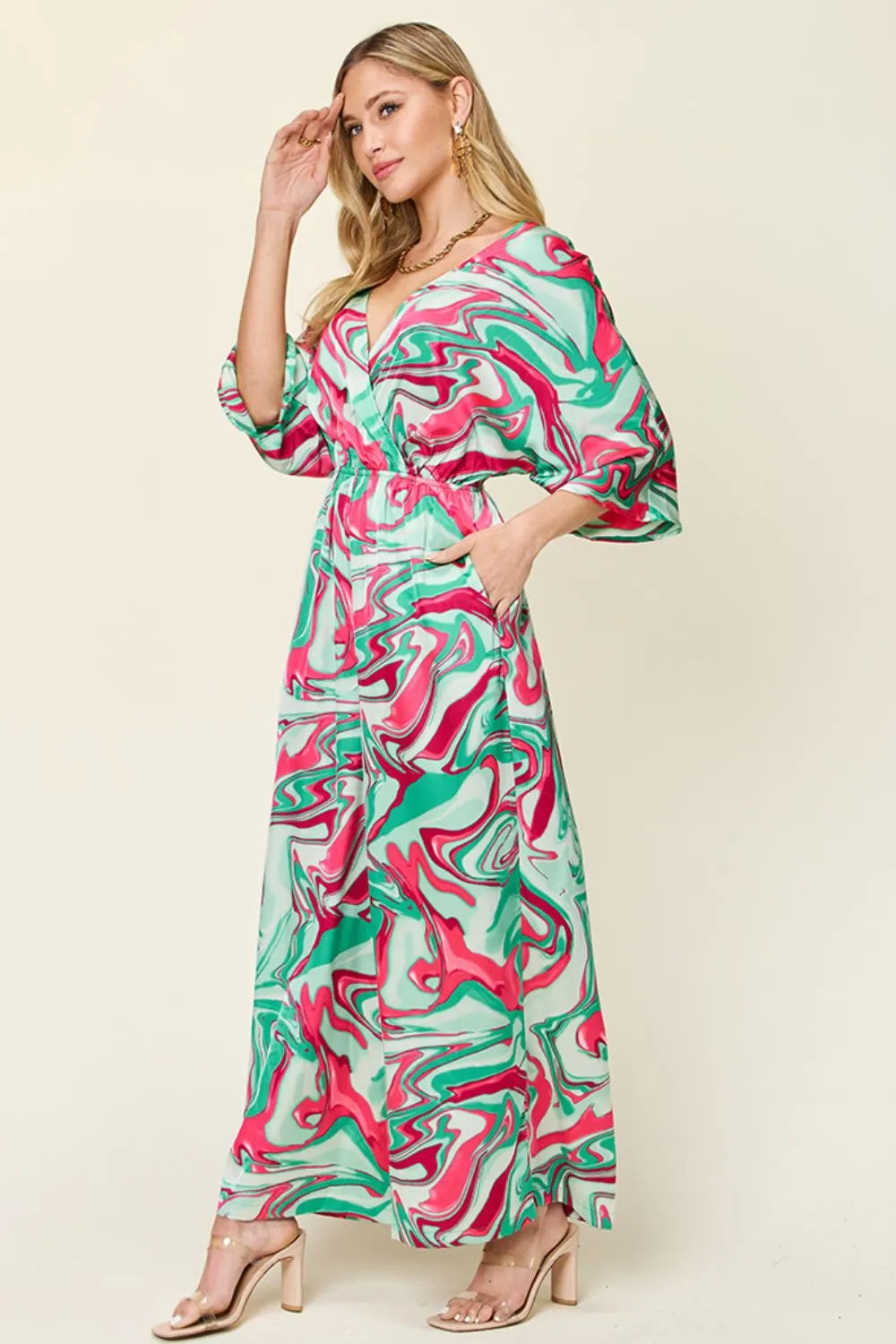 Double Take Full Size Half Sleeve Wide Leg Jumpsuit in Green, view 3