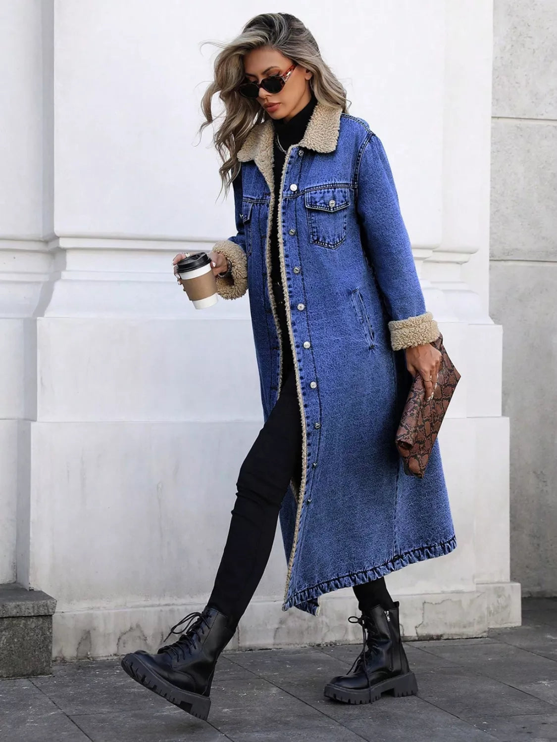 Sherpa Lined Longline Denim Jacket in Royal Blue