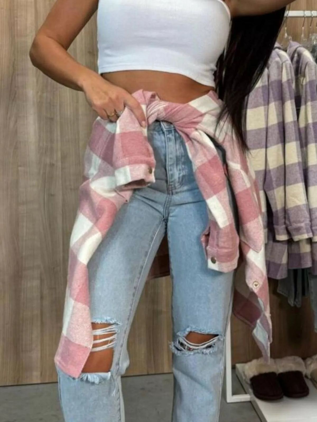 Plaid Button-Down Long Sleeve Shacket, view 5