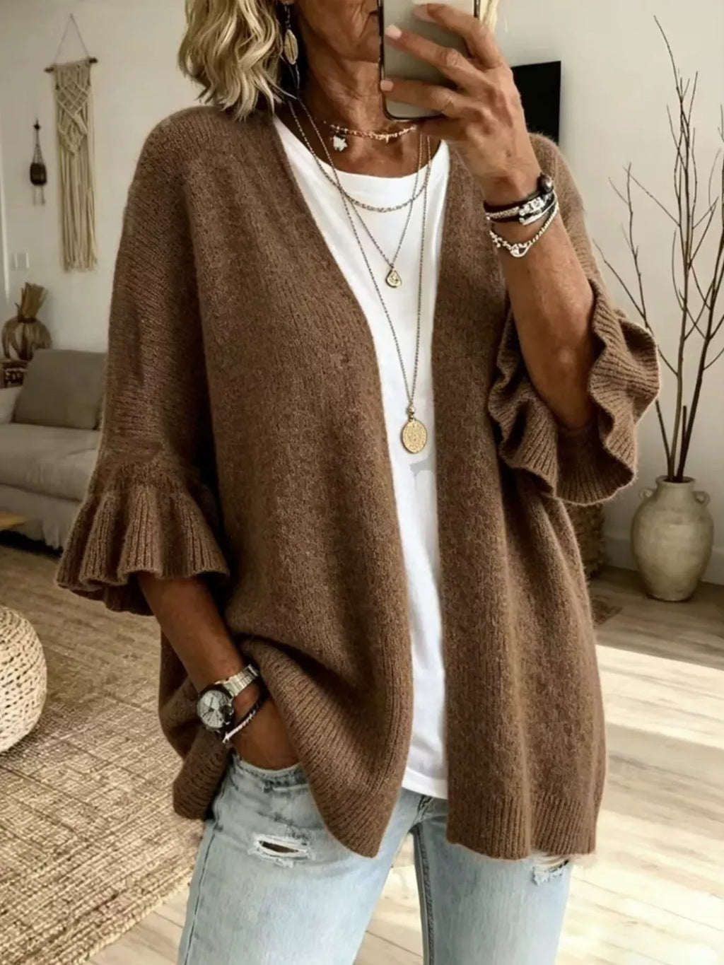 Full Size Ruffle Sleeve Open-Front Cardigan Plus Size - Lilixa.store