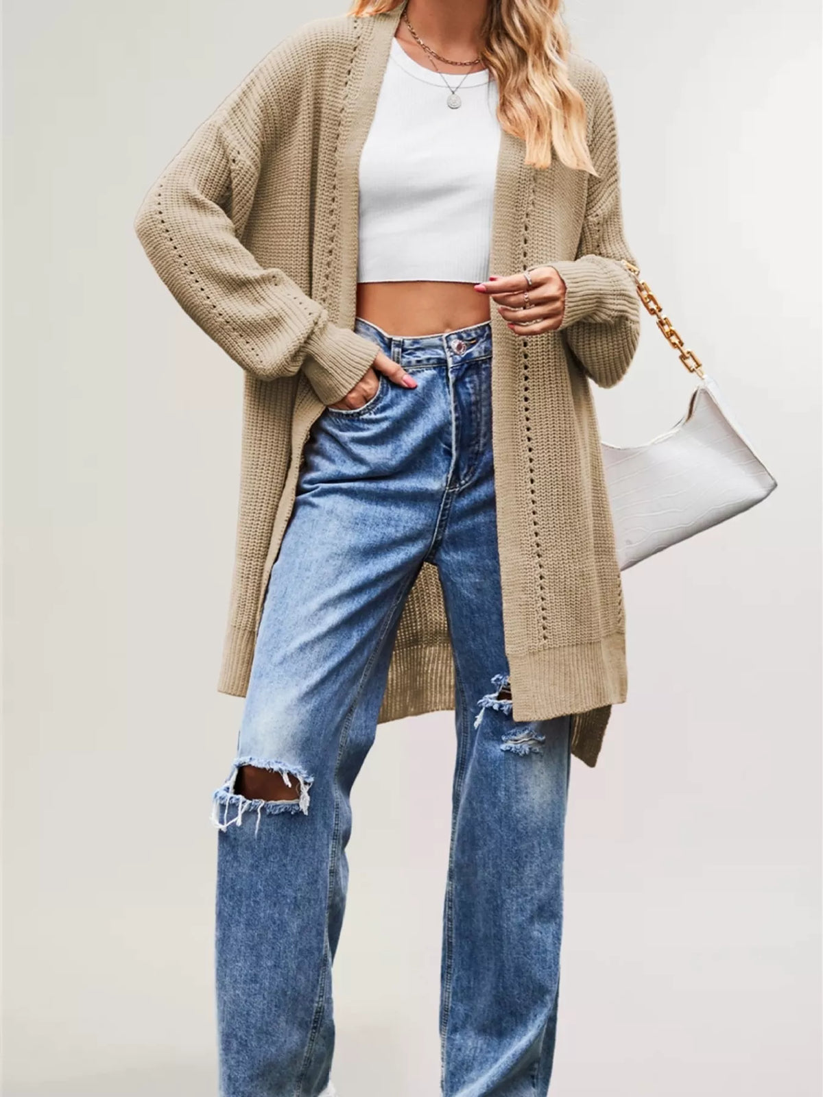 Open Front Openwork Knit Longline Cardigan - Lilixa.store