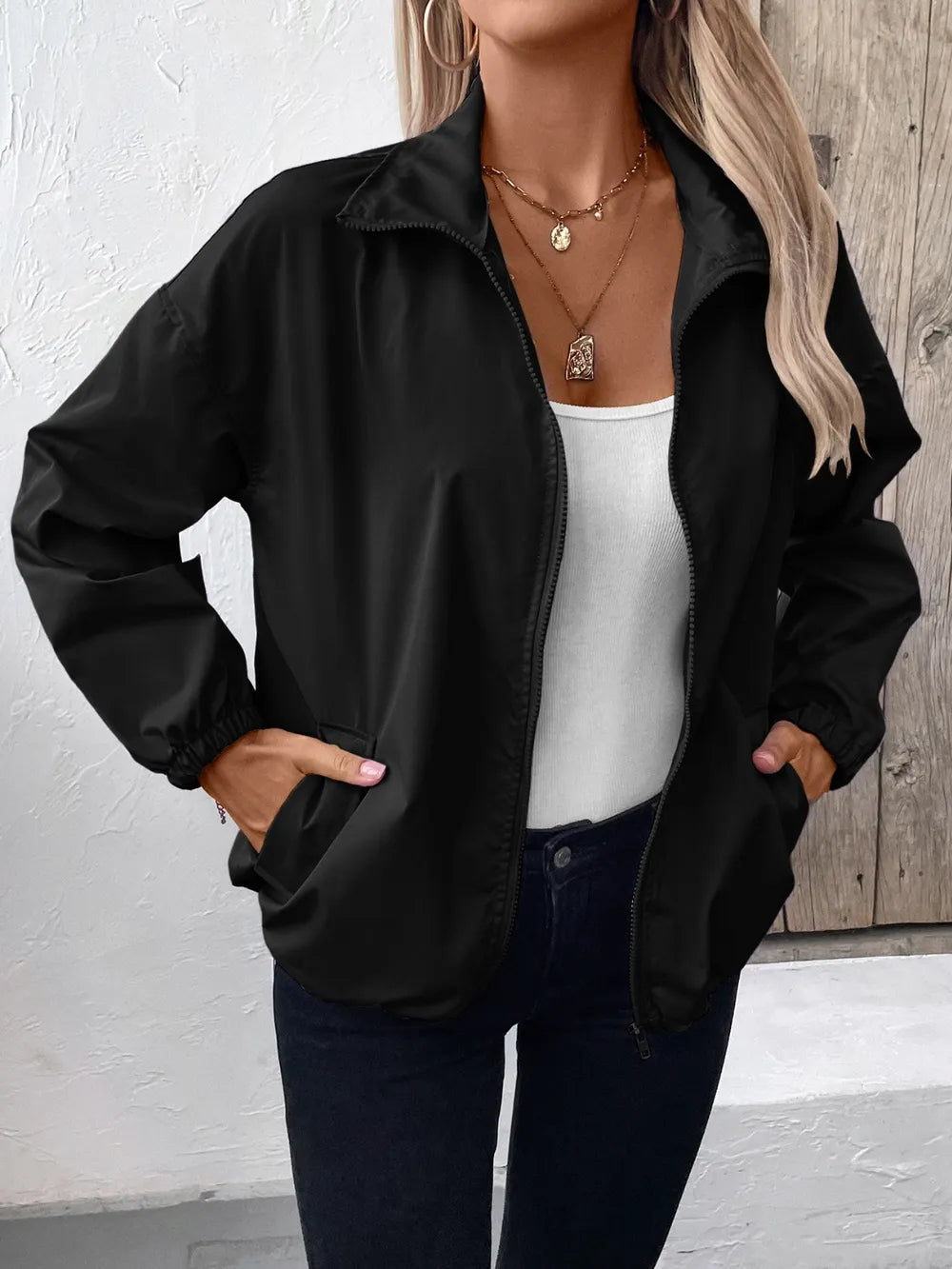Ivy Lane Pocketed Zip Up Long Sleeve Jacket in Black