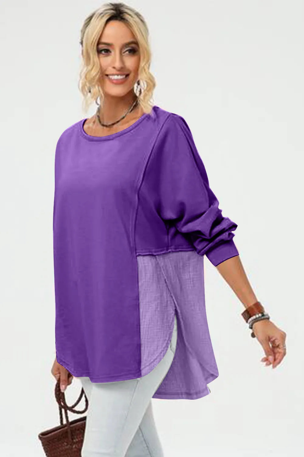 Double Take Full Size Long Sleeve High-Low T-Shirt - Lilixa.store