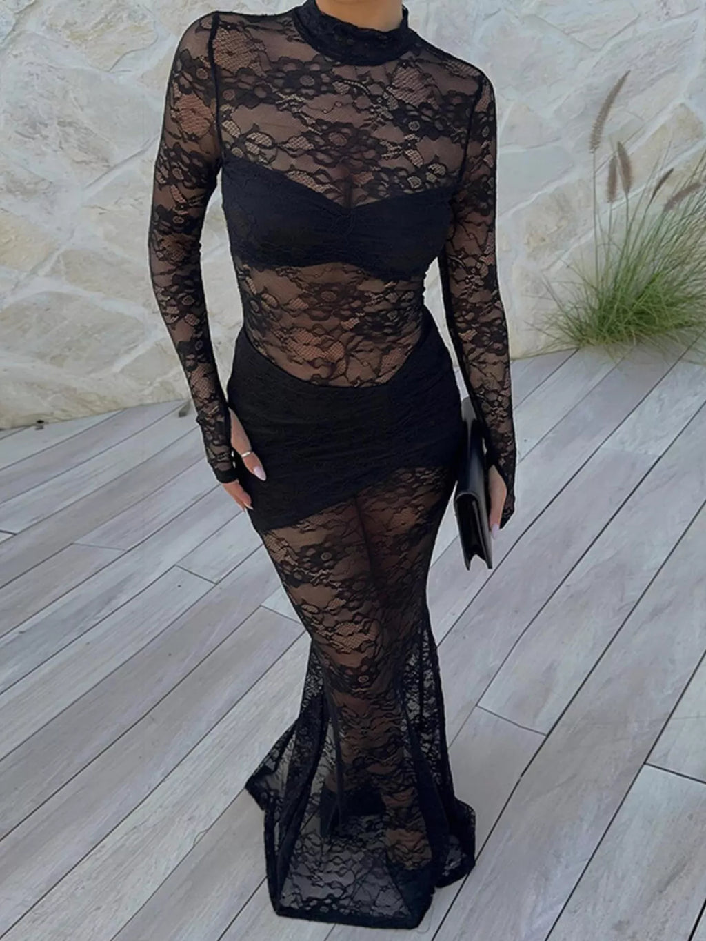 Lace Sheer Mock Neck Long Sleeve Maxi Dress - Lilixa.store