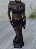 Lace Sheer Mock Neck Long Sleeve Maxi Dress - Lilixa.store