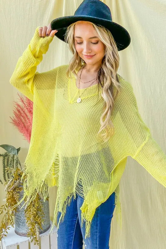 And The Why Distressed Mesh V Neck Spring Sweater Cover Up - Lilixa.store