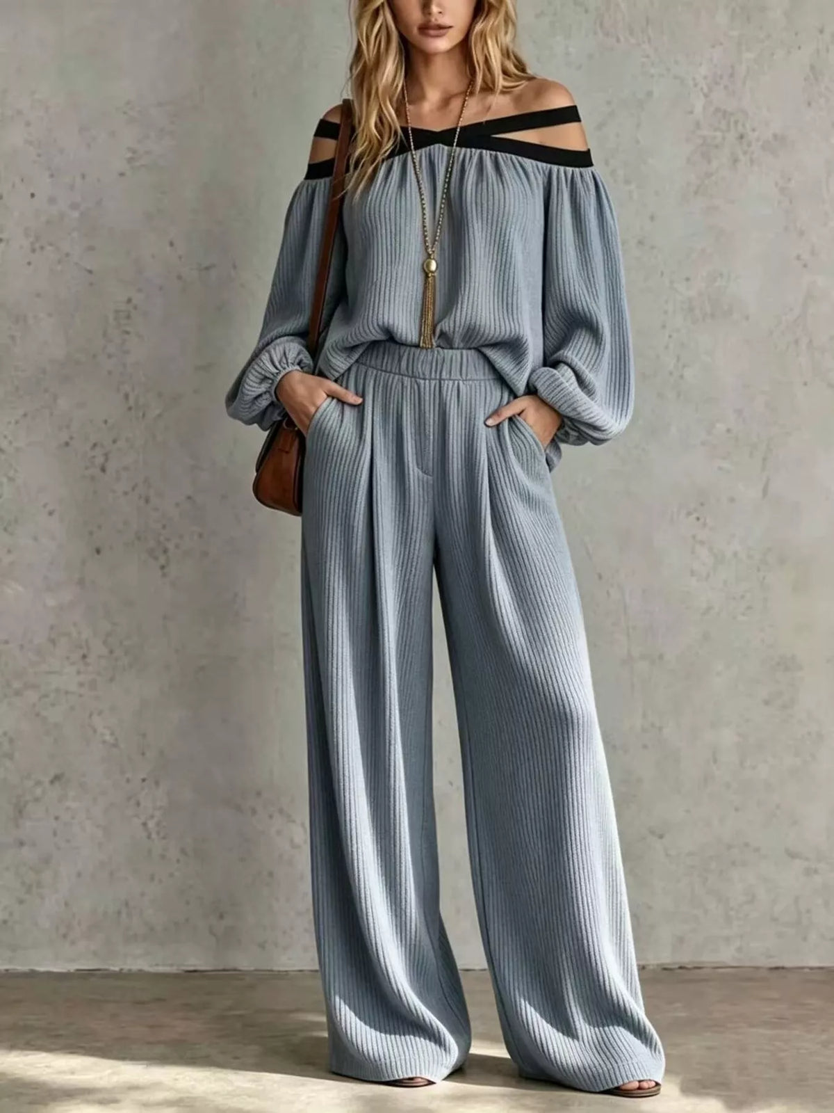 Off-Shoulder Crisscross Cutout Ribbed Knit Top and Wide-Leg Pants Set in Dusty Blue
