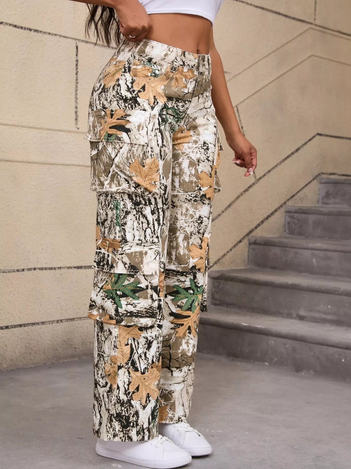 High-Waisted Camouflage Print Cargo Pants, view 7