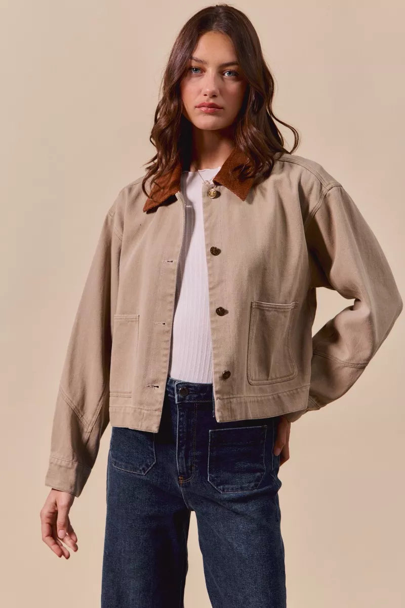 SO ME Cotton Twill Cropped Barn Jacket wtih Collar in Taupe, view 6