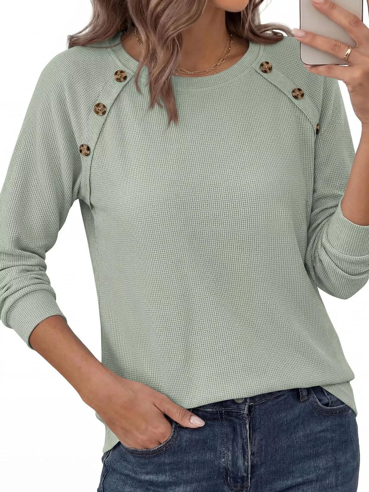 Decorative Button Waffle Knit Long Sleeve T-Shirt - Lilixa.store