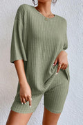 Round Neck Ribbed Top and Shorts Lounge Set - Lilixa.store