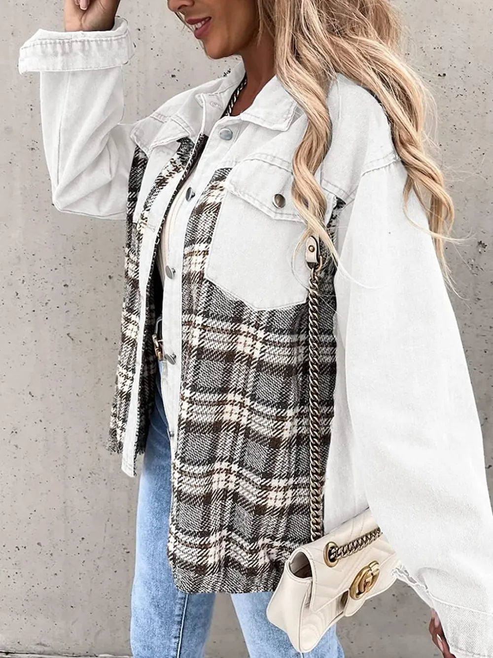 Plaid Button Up Dropped Shoulder Jacket, view 11